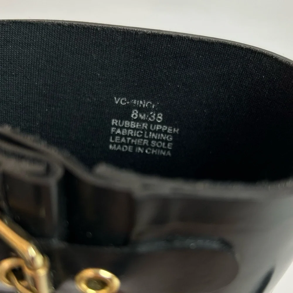 NWOT Vince Camuto Women’s 8m Black Rubber Boots Mid Calf Gold Hardware